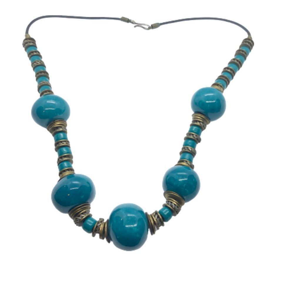 Unique Vintage Teal Ceramic Bead & Brass Disc 23" Tribal Necklace